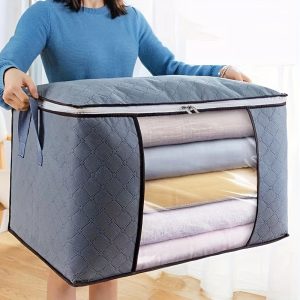 1pc Large Capacity Quilted Storage Box with Zipper - Portable Organizer for Towels, Linens & Clothes, Blue Fabric Container with Clear Window & Handles, Multi-Compartment Design for Easy Access, Closet Organizers And Storage