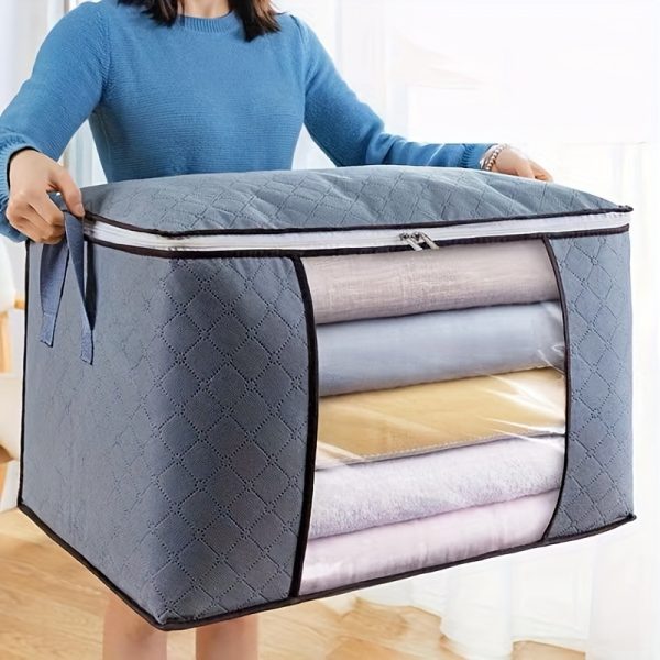 1pc Large Capacity Quilted Storage Box with Zipper - Portable Organizer for Towels, Linens & Clothes, Blue Fabric Container with Clear Window & Handles, Multi-Compartment Design for Easy Access, Closet Organizers And Storage