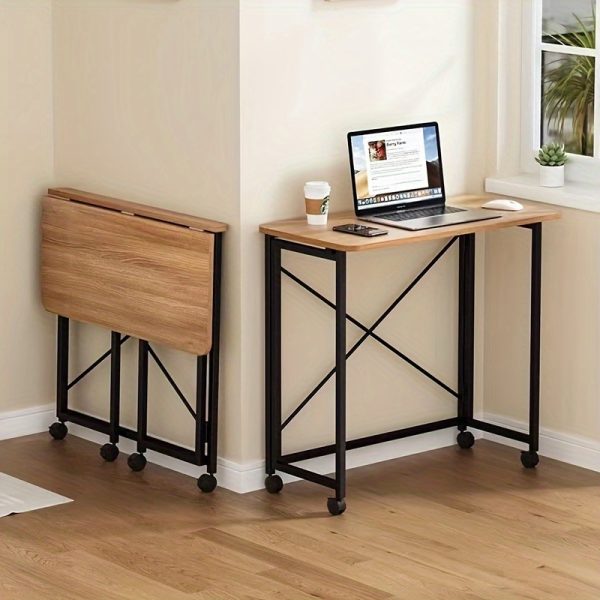 1pc Hardwood Mobile Folding Desk with 360° Universal Casters, Portable Home Office Computer Table for Small Spaces, Wood-Based Panel & Metal Frame, Electricity-Free Use
