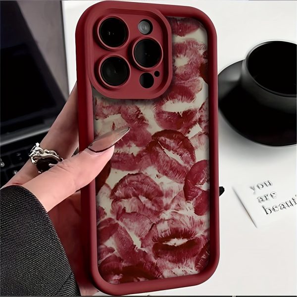 1pc Wine Red Lip Print Embossed TPU Soft Anti-fall Waterproof Mobile Phone Case Suitable for iPhone