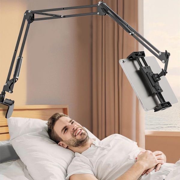 Adjustable Tablet Holder for Bed with 360° Rotation, Aluminum Alloy Clamp Stand Mount for iPhone, iPad, N-Switch - Foldable, Universal 11.94-32.77cm Device Compatibility