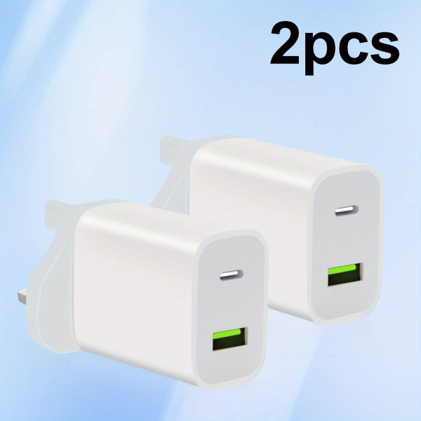 2pcs USB-C Fast Wall Charger, Dual Voltage 220V-240V Power Adapter with UK Plug, Compact and Portable for iPhone 14/13/12/11/XS & for SamSung for Galaxy - White Travel Charging Brick, Portable Charger