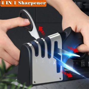 4-in-1 Manual Knife Sharpener, Professional Stainless Steel Blade Sharpening Tool, ABS Resin, No Battery, No Power, for Kitchen Knives and Scissors