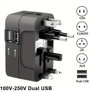 Travel Adapter with 2 USB Ports - AC Power Charger Converter for US, UK, EU Plugs - Compact & Lightweight