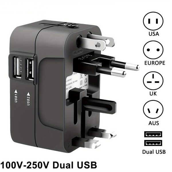 Travel Adapter with 2 USB Ports - AC Power Charger Converter for US, UK, EU Plugs - Compact & Lightweight