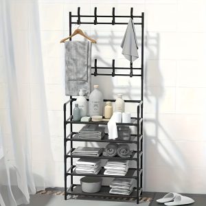 FACHOI 5-Tier Heavy-Duty Carbon Steel Coat Rack - Space-Saving, Multi-Purpose Clothes & Shoe Organizer, Easy Assembly, Black
