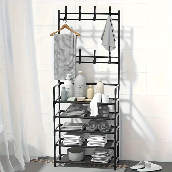 FACHOI 5-Tier Heavy-Duty Carbon Steel Coat Rack - Space-Saving, Multi-Purpose Clothes & Shoe Organizer, Easy Assembly, Black