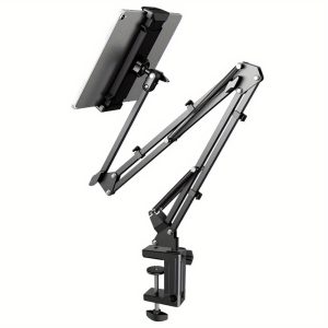 Adjustable Aluminum Arm Tablet Stand, 360° Rotating Bed & Desktop Phone Mount, Clamp Holder for iPad Pro, Air, Mini 4~11, Xiaomi, Lenovo, Samsung Tab, Carbon Steel Construction