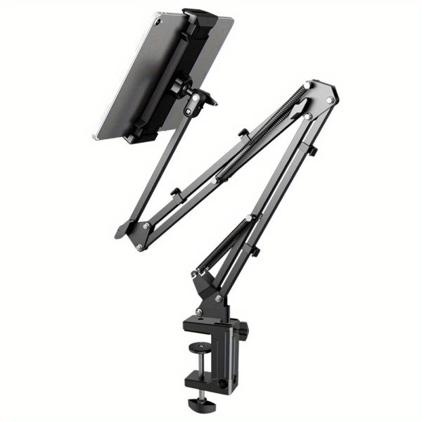 Adjustable Aluminum Arm Tablet Stand, 360° Rotating Bed & Desktop Phone Mount, Clamp Holder for iPad Pro, Air, Mini 4~11, Xiaomi, Lenovo, Samsung Tab, Carbon Steel Construction