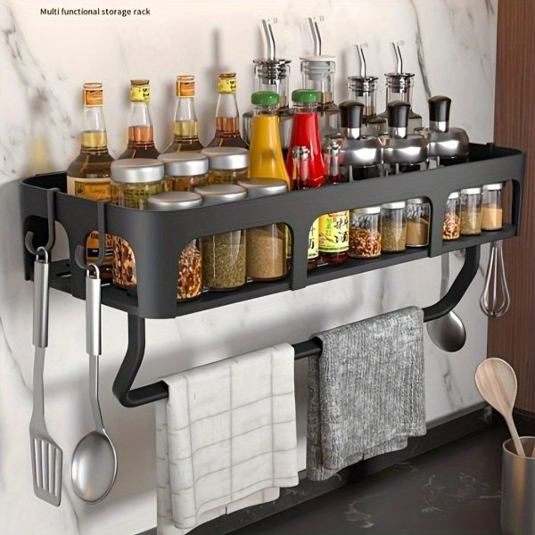 1pc Black Multi-Functional Kitchen Storage Rack, Easy Installation, No Drilling Required, Wall-Mounted Seasoning and Tableware Storage Rack with Towel Rack