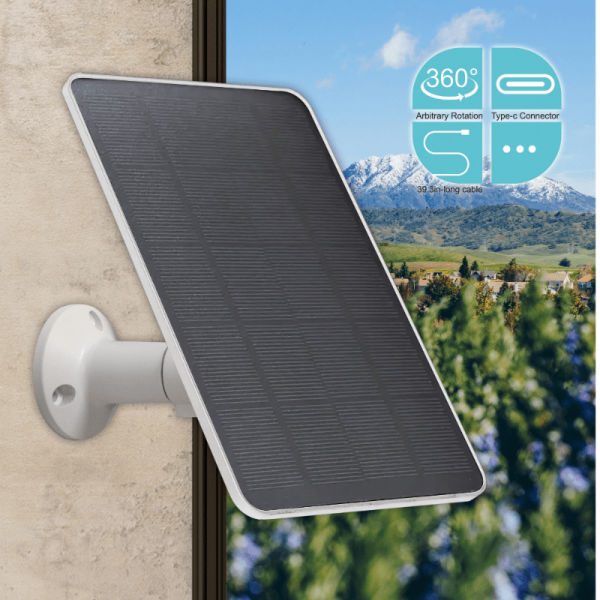 Easy-Install Solar Charger for Security Cameras, Doorbell & Lights - USB-C/Micro USB Compatible, 360° Rotation, Detachable Design