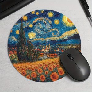 Starry Night Sunflower Pattern Round Mouse Pad, Durable Comfort Textured 1PC, Waterproof Rubber Base, Anti-slip Desk Mat for Gamers, Office & Study, Ideal Gift