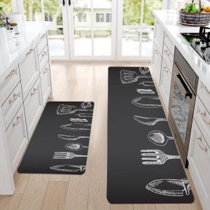 Machine Washable Polyester Kitchen Mat with Gray Utensil Pattern - Non-Slip, Durable and Stain Resistant Rug for Kitchen, Living Room, Entryway, Balcony and Home Décor - 1 Piece (1.1cm Thick)