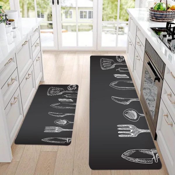 Machine Washable Polyester Kitchen Mat with Gray Utensil Pattern - Non-Slip, Durable and Stain Resistant Rug for Kitchen, Living Room, Entryway, Balcony and Home Décor - 1 Piece (1.1cm Thick)