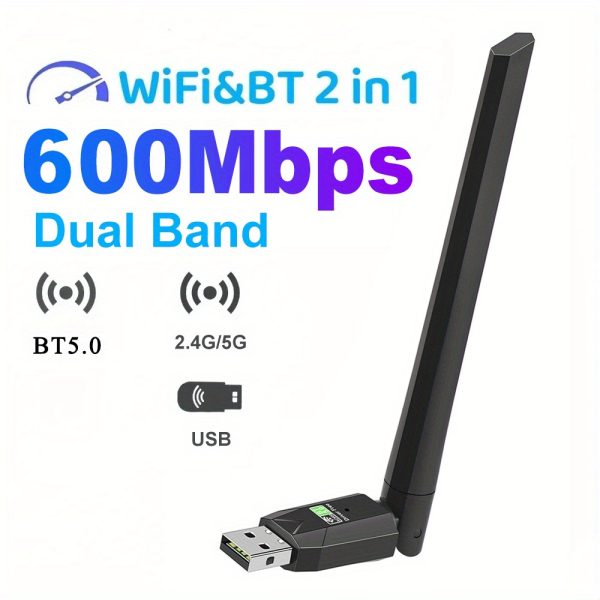 600Mbps Dual-Band USB Wireless 5.0 WiFi Adapter with Encryption, Wireless Enabled, Ethernet Receiver for PC - Plug & Play