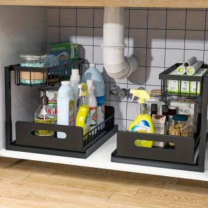 2-Tier Under Sink Organizer, Metal Slide-Out Storage Rack, Kitchen Cabinet Organizer, Pull-Out Drawer for Pantry, Bathroom, Closet, No Power Required, Durable Metal Construction