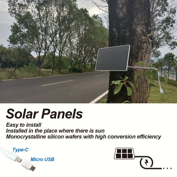 1pc High-Efficiency Monocrystalline Silicon Solar Panel, Portable & Detachable, Solar Charger for Security Cameras, Compatible with Micro USB & USB-C, Ideal for Doorbells, Lights & Monitoring Equipment, 360° Rotatable