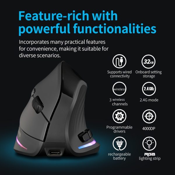 Ergonomic Vertical Mouse with Wireless & Wired Connection, 5-Level DPI Adjustment, Silent Clicking, RGB Programmable Light Strips, Non-Slip Design - JOMAA F35C, Versatile Gaming Mouse | Rgb Lighting Mouse | Nonslip Surface Mouse