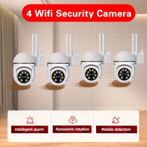 4pcs Security Camera Set with HD 1080P Wifi Monitoring - Wall-Mounted, Night Vision Capability, App Control, Audio And Motion Alerts, Color Display, USB Powered, Wi-Fi Connectivity, 355° Horizontal Rotation And 90° Vertical Rotation, Indoor Home Security Camera, Two-Way Audio And AI Motion Detection.