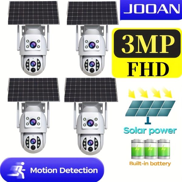JOOAN 3MP FHD 1296p 2304*1296P Rechargeable Battery 9000mAh Dual Lens Outdoor Wireless Solar Panel Battery Camera, 2.4GHz WiFi, Human Detection, Motion LED Lights Color Night Vision, Dual Way Call, Low Power Consumption, 355° Pan and 90° Tilt, AI Detection, Pan/Tilt/Zoom, with Application Control