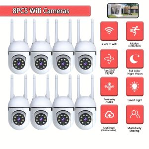 Set of 8 Smart 1440P Wifi Security Cameras, Color Night Vision, Motion Tracking, Siren Alarm, PTZ, 2-Way Audio, Wall Mount, 2.4GHz Wi-Fi, Phone Compatible – Ideal for Safeguarding Your Family and Property, Designed for Indoor/Outdoor Surveillance