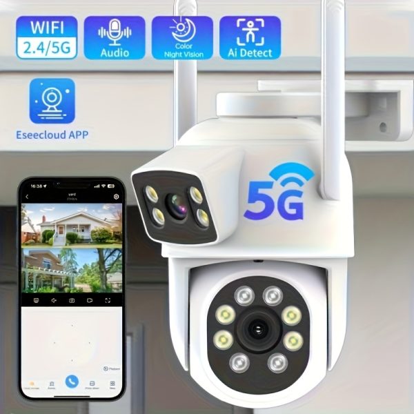 4MP Dual Lens Wireless Security Camera, PTZ outdoors Home Surveillance Camera, 2.4G/5G WiFi Camera, with Color Night Vision, Auto Tracking, 360°View, Human Detection, 2-Way Talk