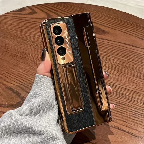 Suitable for Z Fold4/5 Mobile Phone Case Electroplated Grain Faux Leather Fold3 Flat Hinge Shell Film Anti-fall Protective Cover