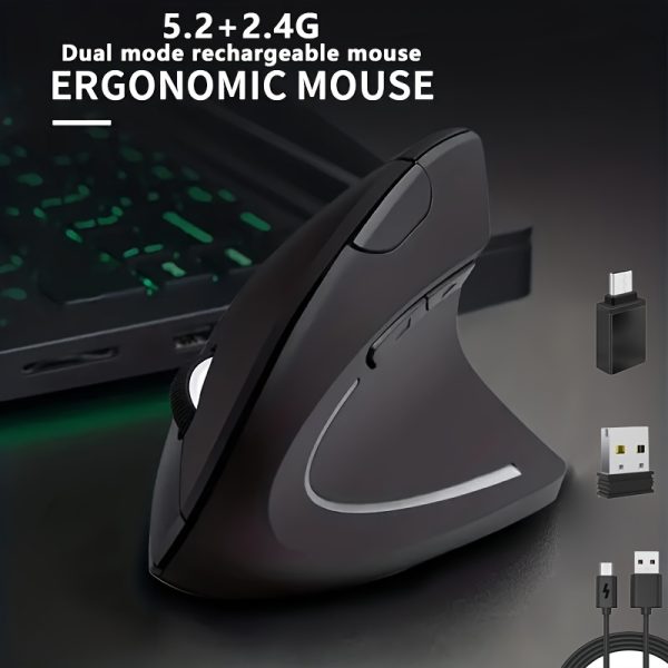 Wowssyo Ergonomic Wireless Mouse - Dual Mode 5.2+2.4G, Rechargeable Battery, Silent Click, Adjustable DPI for iPad, for MacBook Air/Pro/Mini, iMac & Laptops
