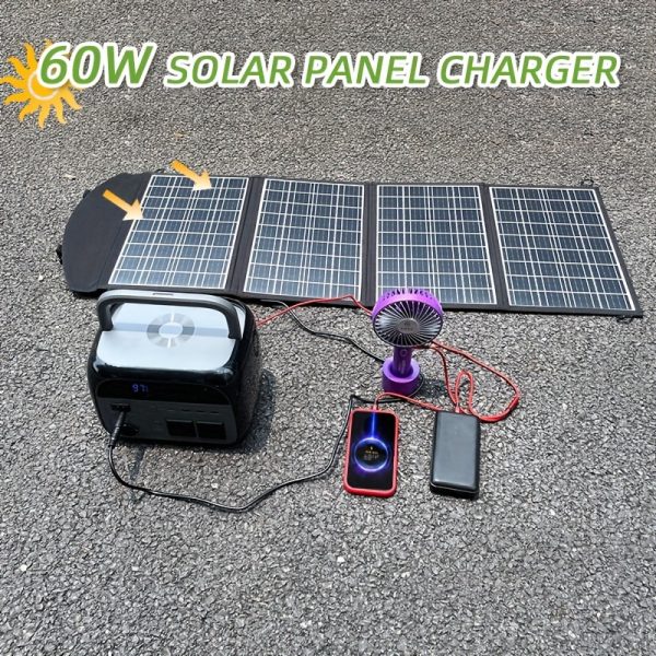 Portable Solar Panel- 60W Foldable Solar Panel, 5V USB and 18V DC, suitable for camping, hiking, fishing and other scenarios to recharge electronic devices, mobile phones, tablets and 5V, 18V outdoor storage devices