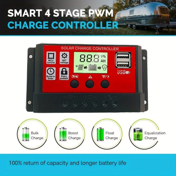 Sone 4-Stage PWM Solar Charge Controller for 12V/24V Batteries - Smart, Compact Design with LCD Display, Overload Protection & Easy Installation - Compatible with AGM, Gel, Flooded Batteries - Ideal for Outdoor Power Systems, Solar Power Management | Userfriendly Interface | Insulated Material