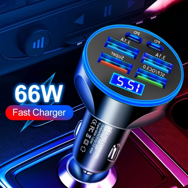 66W Car Charger with Voltage Display 6-Port Charging 4USB+2PD Super Fast Charging 12-24V Models Multi-Compatible LED Atmosphere Light