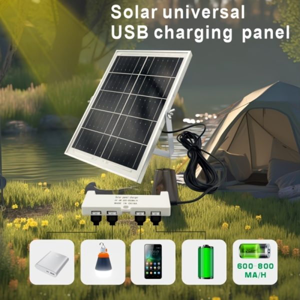 The Solar-Powered Charging Strip Is Suitable for Charging Various USB Devices, Allowing Four USB Ports to Charge Simultaneously, with an Output of 600-800Ma Per Hour And Comes with a Standard 5-Meter Cable.