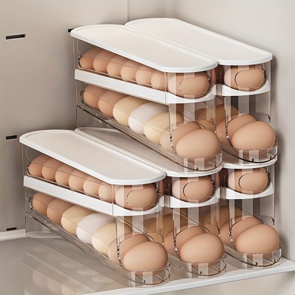 A Two-Layer Automatic Sliding Egg Storage Box, Designed for Refrigerator Doors, Can Hold 12-14 Eggs. It Features a Flip-Top Design, Serving As a Fresh Egg Organizer, an Essential Storage Solution for The Kitchen, And a Space-Saving Egg Rack for The Fridge.