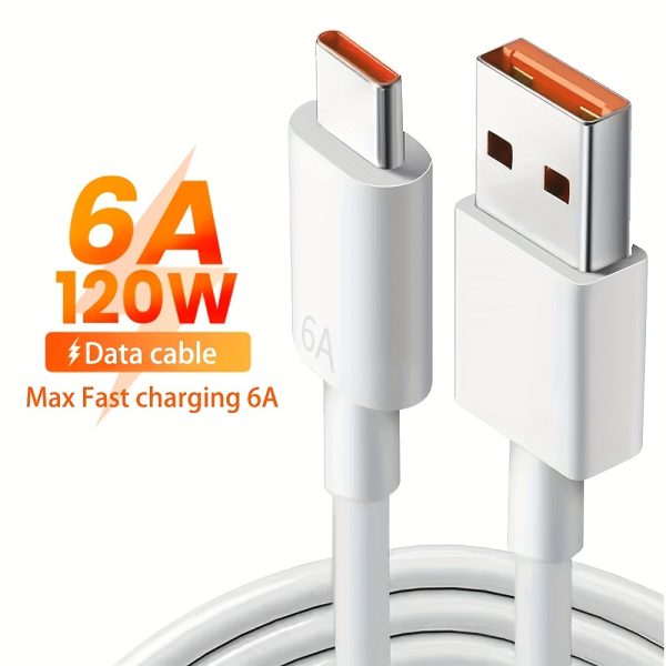1pc 6A 120W USB-C Fast Charging Data Cable, PVC Round Matte Finish, USB to Type-C for Huawei Xiaomi Vivo, High-Speed Data Transmission, Quick Charge Cable without Battery