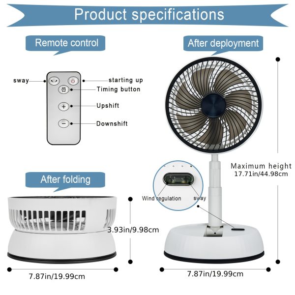 Portable Retractable Floor Fan with Remote, Metal Folding Pedestal Fan with 6000mAh Rechargeable Battery, 5W USB Charging Indoor/Outdoor Fan with Automatic Oscillation and Button Control - Quiet Operation