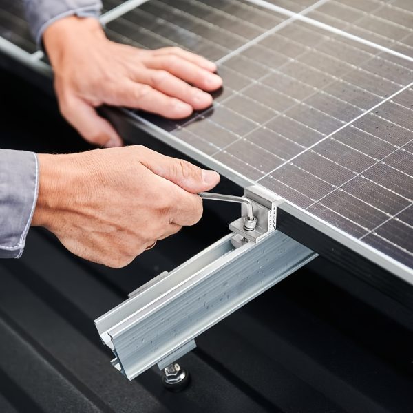 Set of 8 Adjustable Solar Panel End Clamps for 35-50Mm, Includes 20 Mid Clamps, Designed for Aluminum Rail Roof Mounting Systems for Solar Panels, Featuring Aluminum Mid Clamps for Secure Installation.