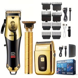 A Three-Piece Golden Hair Cutting Set, a Men'S Grooming Kit, And a Home Haircutting Set. USB Rechargeable with an LCD Display. Includes 1 Black And Golden Professional Hair Clipper, 1 Golden Men'S Razor, 1 Golden T-Blade Trimmer, 8 Guide Combs, 3 USB Power Cables, 3 Cleaning Brushes, And 1 Comb. A Perfect Gift for Fathers, Boyfriends, Father'S Day, Birthdays, And Holidays.