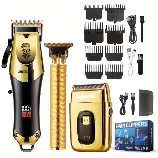 A Three-Piece Golden Hair Cutting Set, a Men'S Grooming Kit, And a Home Haircutting Set. USB Rechargeable with an LCD Display. Includes 1 Black And Golden Professional Hair Clipper, 1 Golden Men'S Razor, 1 Golden T-Blade Trimmer, 8 Guide Combs, 3 USB Power Cables, 3 Cleaning Brushes, And 1 Comb. A Perfect Gift for Fathers, Boyfriends, Father'S Day, Birthdays, And Holidays.