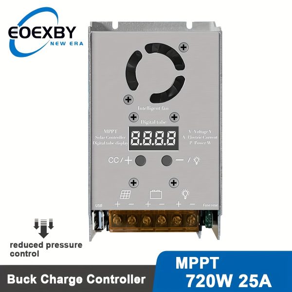 EOEXBY 720W MPPT Solar Controller, 25A Charge Regulator, Adjustable Solar Panel Optimizer with Real-Time Tracking, 12V/24V Battery Compatibility, Hardwired Room Electrical Power Supply, with No Battery Included for 18V-80V Input