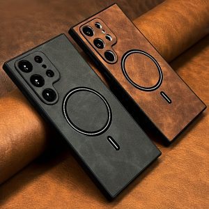 Luxury Retro Artificial PU Faux Leather Magnetic Phone Case for Samsung for Galaxy S25 S24 S23 S22 S21 Note 20 Ultra Matte Magnetic Wireless Charging Shockproof Cover