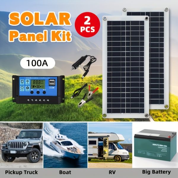 1pc/2pcs Solar Panel Kit with 100A/60A Controller DC 12V-18V-24V USB 5V Solar Charger for Mobile Power, Camping, Hiking, Car, Boat, Phone, Watch, Solar Panel Dual Power Camping Accessories