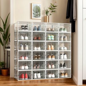 1pc Stackable Foldable Shoe Cabinet with Transparent Doors, Dust-Proof, Easy Assembly - Ideal for Home & Dorm Storage, Multi-Layer Design with Ventilated Panels, Versatile Storage Solution | Stackable Shoe Organizer | Lightweight Shoe Cabinet, Shoe Storage Organizer, Hanging Shoe Organizers