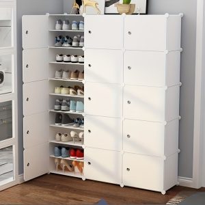 An Expandable White Shoe Cabinet with Doors, 8-60 Pairs Capacity, Modern Plastic Shoe Rack, Strong and Durable, 3.2 Cubic Feet Storage, Independent System, 27+ Inches Height, Adjustable Shelves, Home Organization