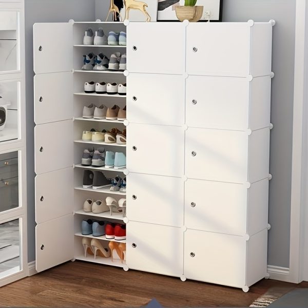 An Expandable White Shoe Cabinet with Doors, 8-60 Pairs Capacity, Modern Plastic Shoe Rack, Strong and Durable, 3.2 Cubic Feet Storage, Independent System, 27+ Inches Height, Adjustable Shelves, Home Organization