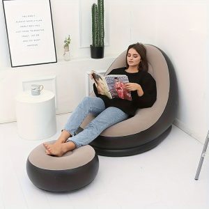 1pc Inflatable Lounge Chair with Footstool - Portable PVC Lazy Sofa Bed, Easy Inflation Manual Recliner, Foldable Indoor & Outdoor Relaxation Chair, Detachable Velvet Cushion, No Assembly Required