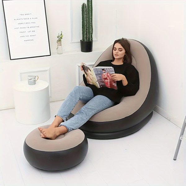 1pc Inflatable Lounge Chair with Footstool - Portable PVC Lazy Sofa Bed, Easy Inflation Manual Recliner, Foldable Indoor & Outdoor Relaxation Chair, Detachable Velvet Cushion, No Assembly Required