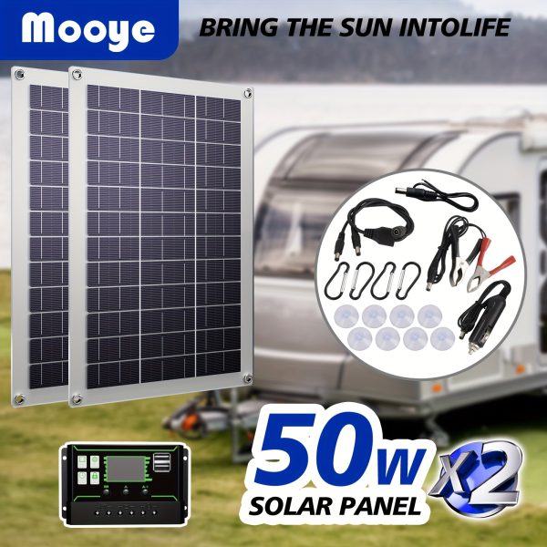 Mooye 2x50W Portable Solar Panel with 60A Controller, Detachable Insulation Material, USB Charging, Ideal for Outdoor Travel, Camping, Picnic, Hiking - No Battery Included