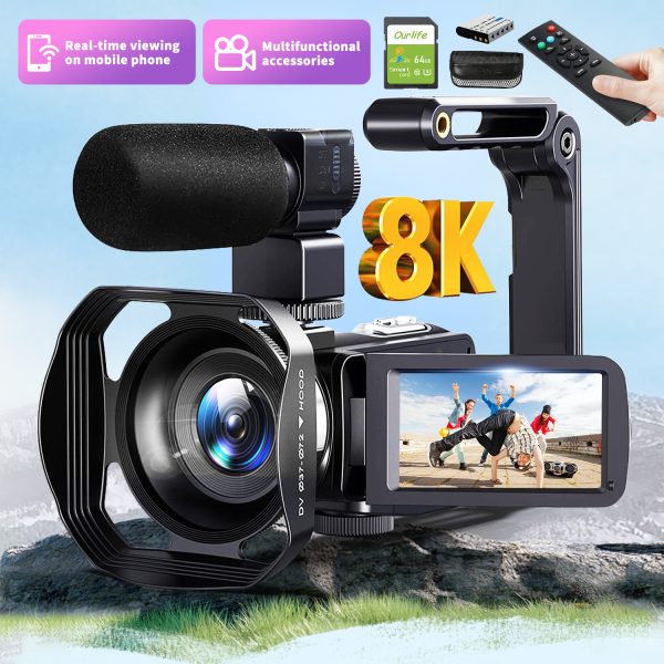 8K & 64MP CMOS Image Sensor Camera with Handheld HD Recorder, 18x Digital Zoom, Audio Microphone, 3-inch Touchscreen, Infrared Night Vision, WiFi Connectivity, Remote Control, and 64GB Card - Ideal for Travel, Outdoor Sports, and Landscape Photography