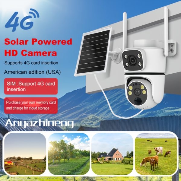 ANYAZHINENG 1080P FHD Outdoor Surveillance Camera - Solar-Powered, Rotatable 355° Lens, Night Vision, Bi-Directional Voice, Motion Detection, Supports 4G Card for Garden, Plaza, Ranch Security, Solar Outdoor Security Camera