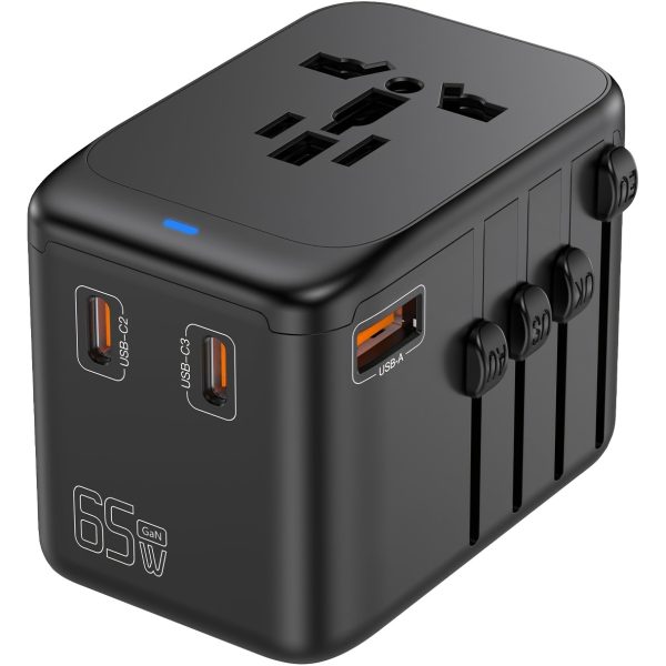 1pc International Travel Adapter, GaN III 65W Universal Travel Charger With 1 USB-A & 3 USB-C PD Fast Charging, All In One Outlet Adapter For IPhone, Samsung, Laptops, Type A/C/G/I (USA/UK/EU/AUS)